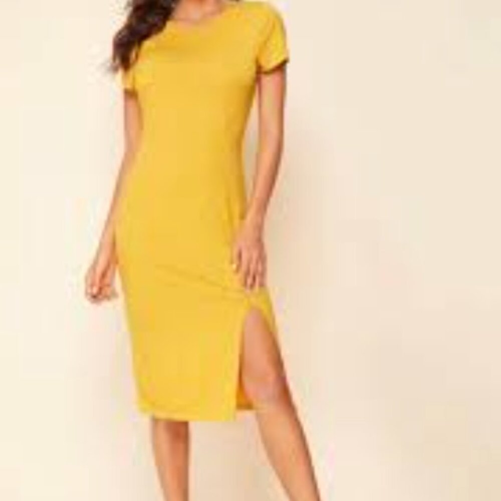 Yellow Split Hem Solid Jersey Pencil Dress XS